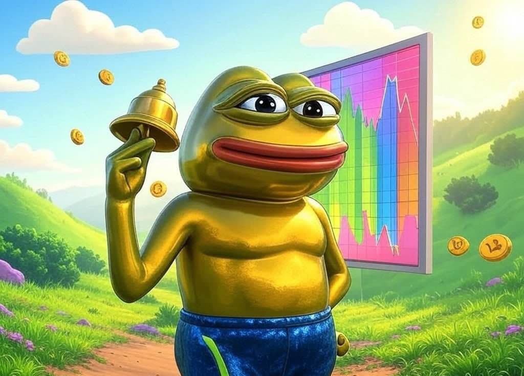 Golden Pepe ringing a trend alert bell beside a market chart